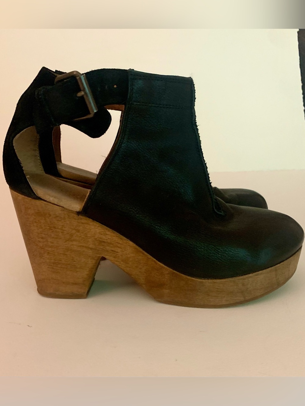 Wood heel platform clog booties, Spanish leather